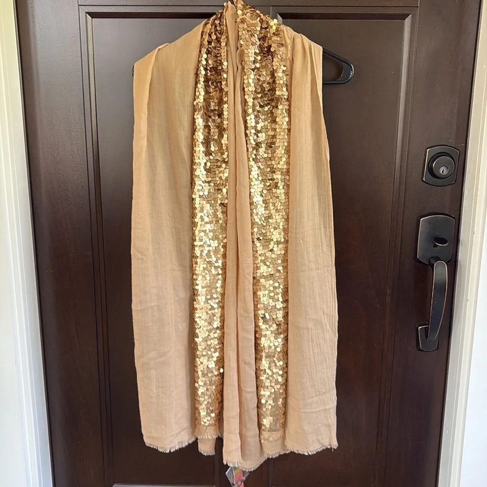 NWT Tory Burch Silk / Wool Sequined Shawl Scarf Gold Tan Retail $275.00